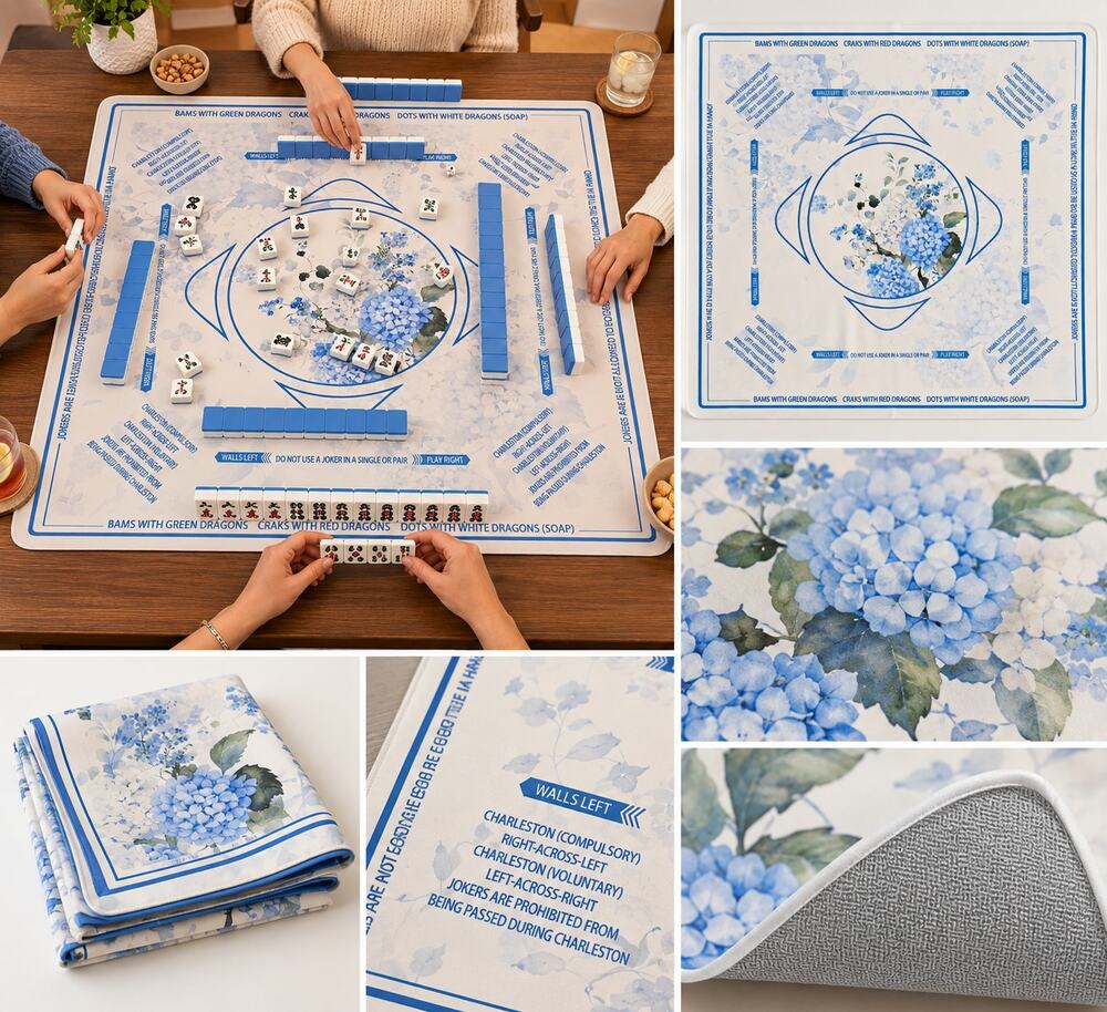 Blue Hydrangea Mahjong Game Mat / Table Cover